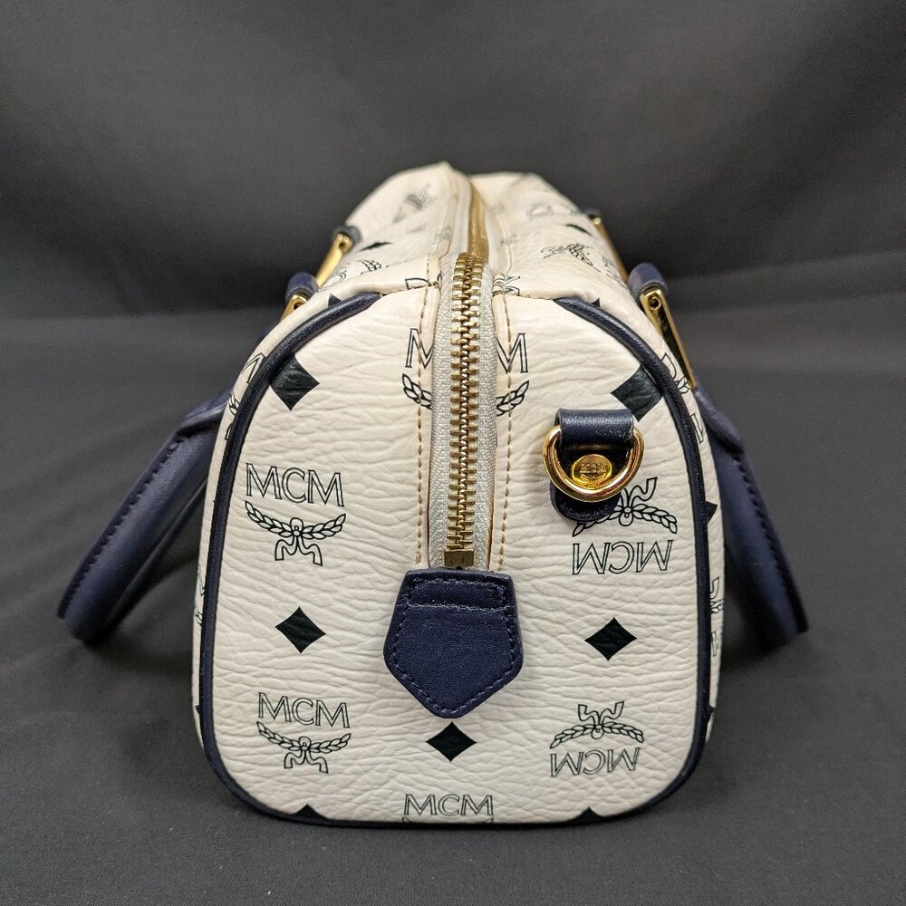 MCM Navy Blue and White Monogram Rare Boston Mini Top Handle Bag - Picture 11 of 14